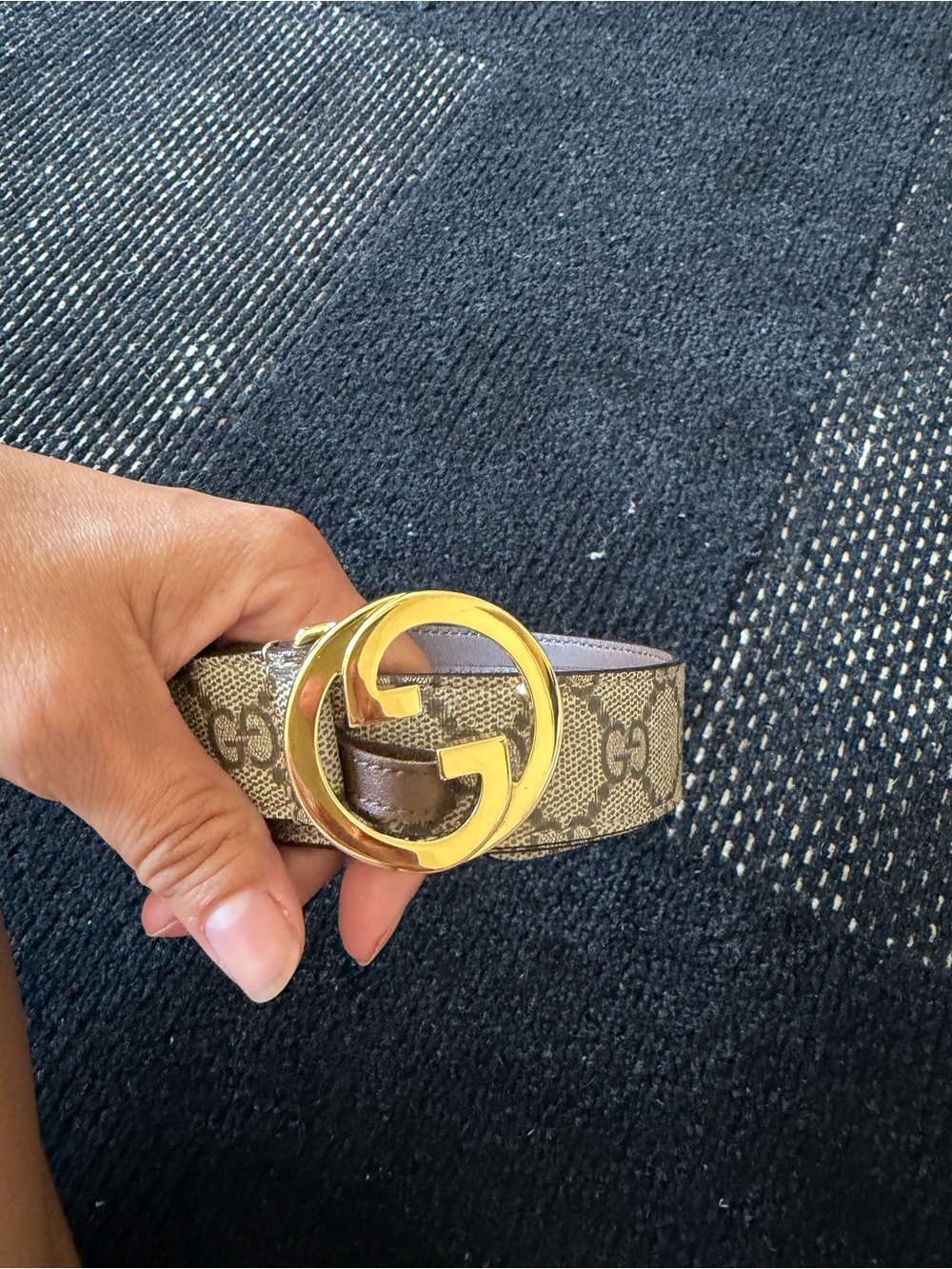 Gucci Monogram Canvas Belt with Gold GG Buckle